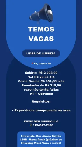Líder de Limpeza - Escala 6x1, Centro SP.