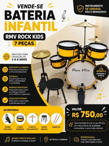 ? Bateria Infantil RMV Rock Kids 7 Peças - Excelente Estado!