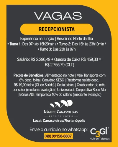 Vaga: Recepcionista de Hotel - Bairro: Canasvieiras