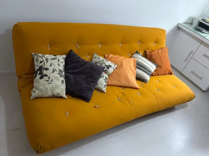 Sofá Cama Futon L Acquablock Amarelo em Madeira Nobre Maciça