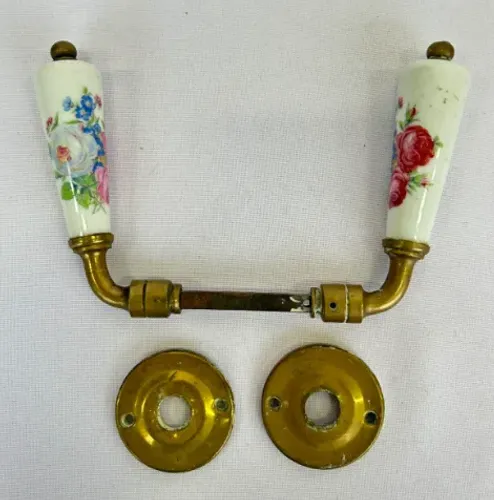 Antiga Maçaneta Retrô Latão Pega Porcelana Floras Com Espelho