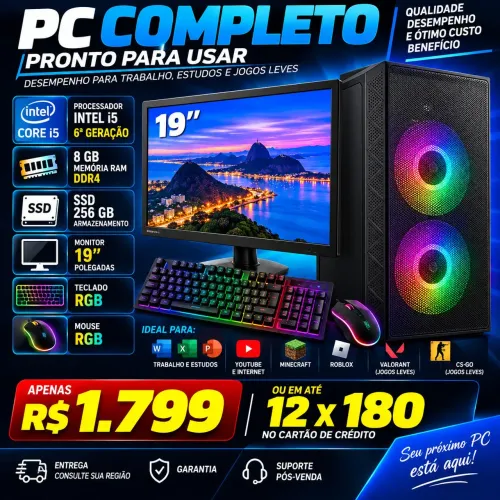 PC COMPLETO i5 6ª GERAÇÃO + 8GB DDR4 + SSD 256GB + MONITOR 19" + KIT Teclado e mouse
