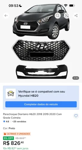 PÁRA-CHOQUE DIANTEIRO HB20 - 2019 + COLMEIA + REFORÇO 
