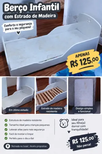 ? Berço Infantil de Madeira com Estrado - Ótimo Estado | R$ 125,00