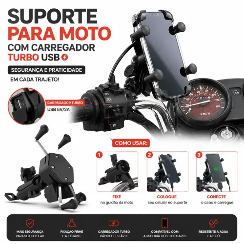 Suporte de Celular Para Moto com Carregador Turbo USB