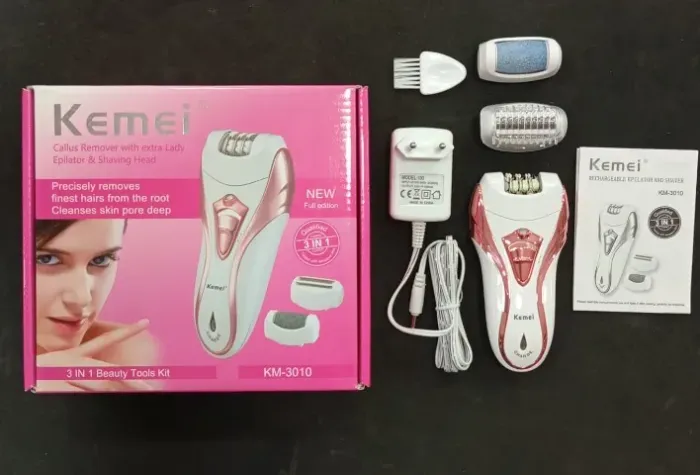 Depilador Elétrico Feminino 3 em 1 Kemei KM-3010 - Recarregável - Bivolt - Kit Completo - 