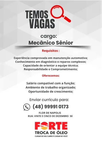 Vaga de Mecânico e auxiliar de mecânico