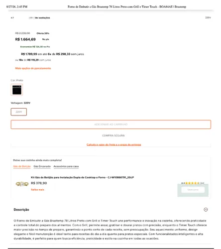 Forno de embutir a gás Brastemp 78 litros