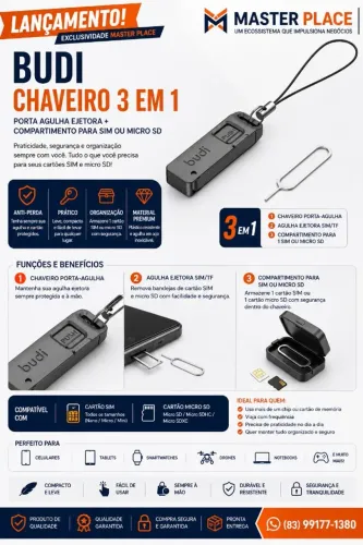 Budi - Ferramenta Multifuncional - Pingente - Ejetor SIM - Porta Micro SD