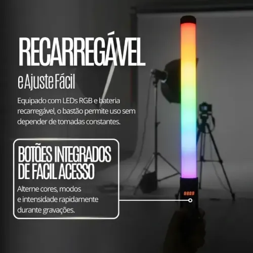 Bastão De Luz Led Rgb Com Controle 3000k-6000k Recarregável Preto Rgb
