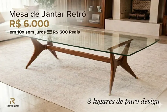 Mesa tampo vidro laminado 10 mm pra 8 lugares com design retrô base em madeira nobre