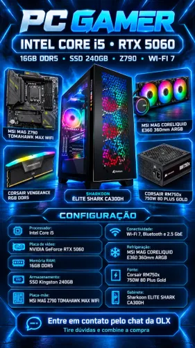 PC Gamer Intel Core i5 RTX 5060 16GB DDR5 SSD 240GB Z790 Wi-Fi 7