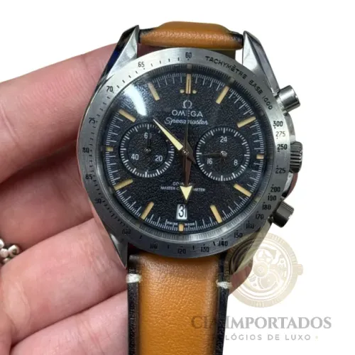 Relógio omega Speedmaster Preto Champanhe Couro Caramelo Cronógrafo Linha Premium