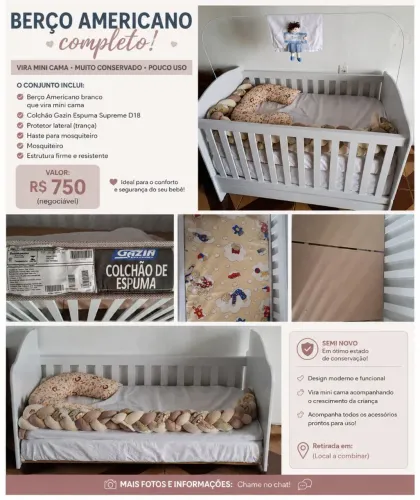 Berço Americano Branco Vira Mini Cama + Colchão Gazin ? Ótimo Estado