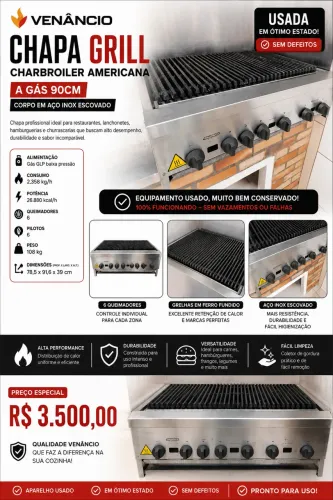 CHAPA GRILL CHARBROILER AMERICANA VENÂNCIO CORPO EM AÇO INOX ESCOVADO A GÁS