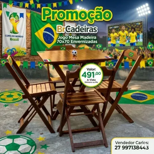 Jogo Mesa Madeira 70x70 Dobráveis e Envernizadas
