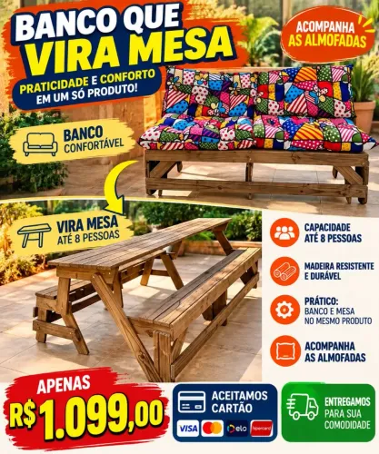 Banco e mesa para até 8 pessoas