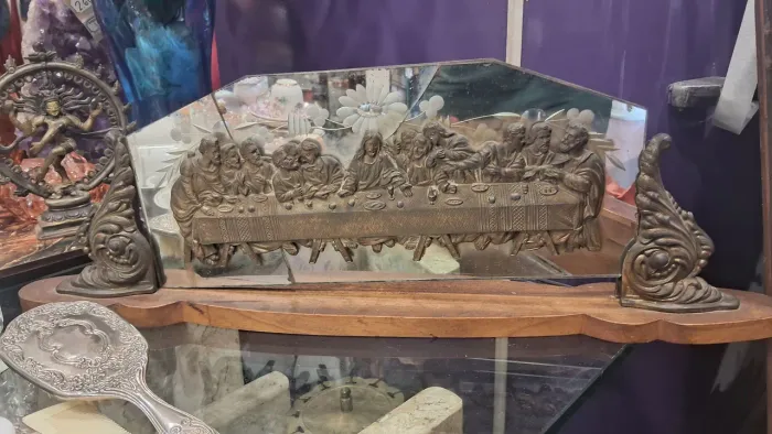 antiga escultura alto revelo Santa Ceia em bronze espelho bisotado