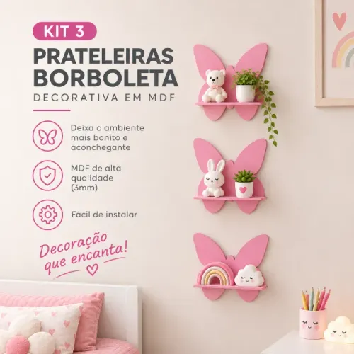 KIT 3 Prateleiras Borboleta em MDF para decoração