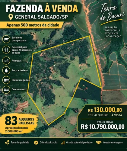 FAZENDA À VENDA GENERAL SALGADO/SP | 83 ALQUEIRES PECUARIA E CANA