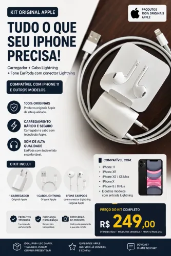 Kit Original Apple iPhone - Carregador + Cabo Lightning + EarPods (fone de ouvido) 