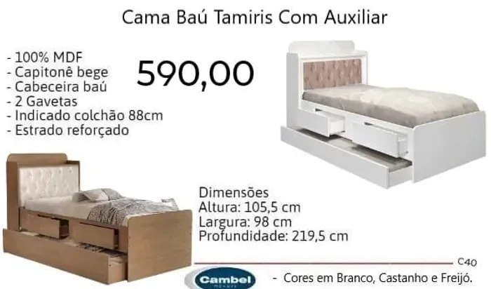 BiCama Baú Tamiris mdf Com Auxiliar - Diversas Cores