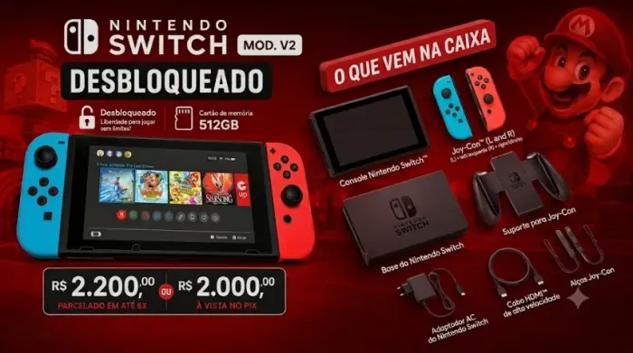 NINTENDO SWITCH V2 DESBLOQUEADO COM CARTÃO 512GB