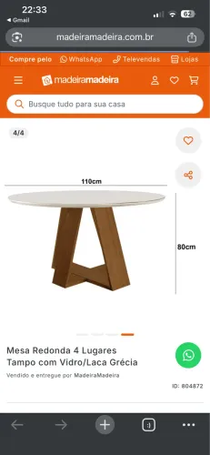 Mesa de Jantar Redonda 110cm Tampo de Vidro Laca