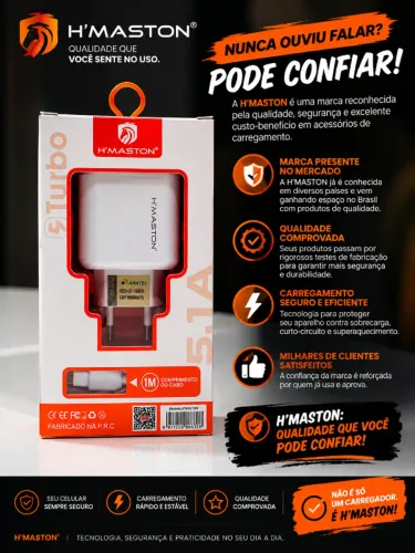 Carregador H'Maston Turbo 5.1A 2 USB + Cabo Tipo-C - Novo Lacrado
