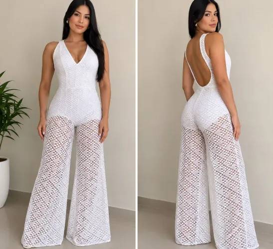 Macacão Longo Todo De Renda - Tamanho P 