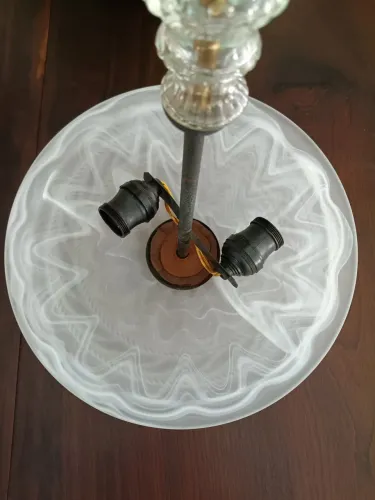 Lote lustre antigo anos 50 - Cúpula prato ondulado e 3 hastes latão e vidro para restauro.