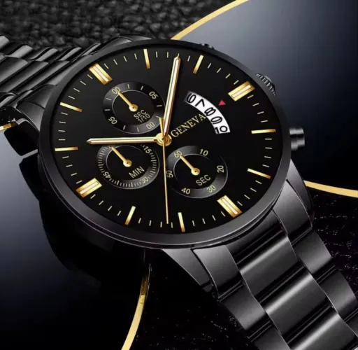 Relógio De Pulso Geneva Preto com Pulseira Preta Caixa Preta com Ponteiros Dourados
