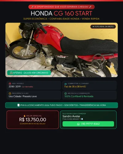 Moto Honda Start 2018/2019 160 - baixa km - Super Econômica 