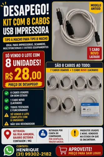 Kit com 8 Cabos USB A x USB B para Impressora - R$ 28