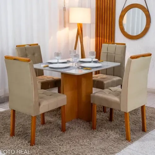 Mesa de Jantar Bittencourt 90x90 C/4 Cadeiras em Linho MDF/MDP rf17 S