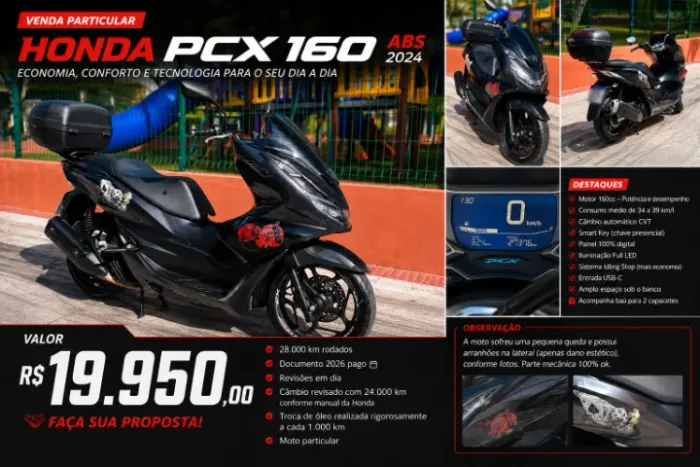 HONDA PCX 160 ABS 2024 | Revisada | Doc 2026 Pago | Baú Incluso | R$ 19.950
