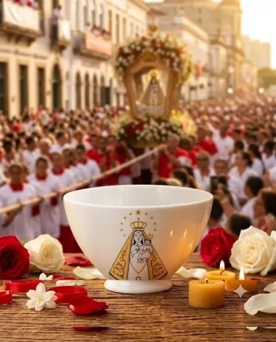 TIGELA 470ML EM PORCELANA PREMIUM COM IMAGEM DA SANTA VIRGEM DE NAZARÉ