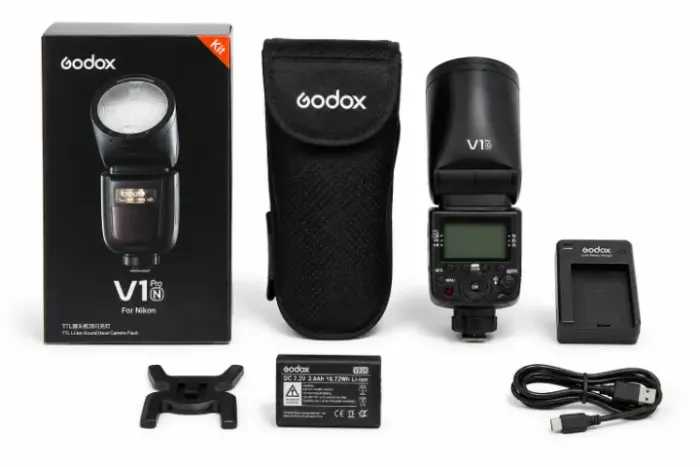 Flash Godox V1 Pro N para Nikon - Cabeça Redonda, TTL/HSS - Completo na Caixa