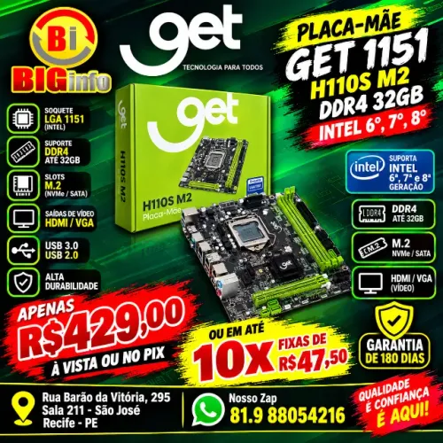 Placa-Mãe Get H110S M2 DDR4 32GB Intel 6°, 7°, 8° - Em ate 10x Fixas 