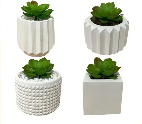 Kit 4 Unidades Vaso decorativo de gesso texturizado<br>para Suculentas, Cactus e Plantas