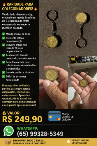 chaveiro antigo original com moeda antiga brasileira de 2 Cruzeiros de 1949 encapsulada