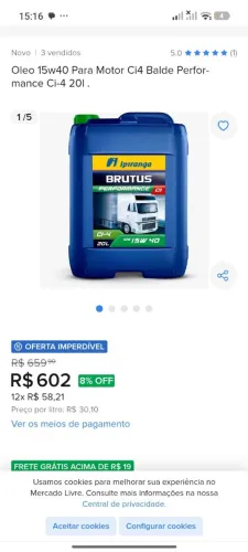 2 galões de 20L Óleo para motor Diesel