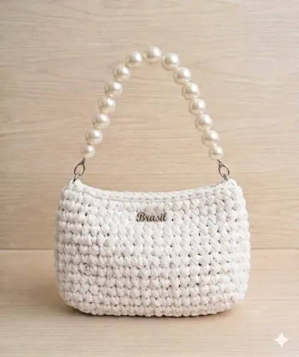 Bolsa De Crochê Artesanal Branca Com Alça De Pérolas Tendência Luxo Casual Chic