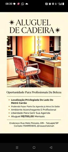 Aluguel cadeira Tatuapé para cabeleireiro/manicure