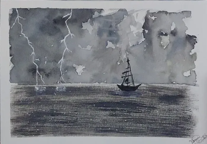 Atravessando a tempestade - Aquarela em tons de cinza