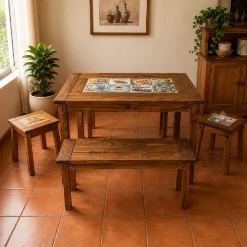 Conjunto Mesa 120cm Rústica Madeira Maciça 2 Bancos 100cm E 2 Banquetas c/ Cerâmica