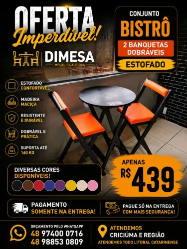Jogo bistrô com 2 banquetas dobráveis estofadas