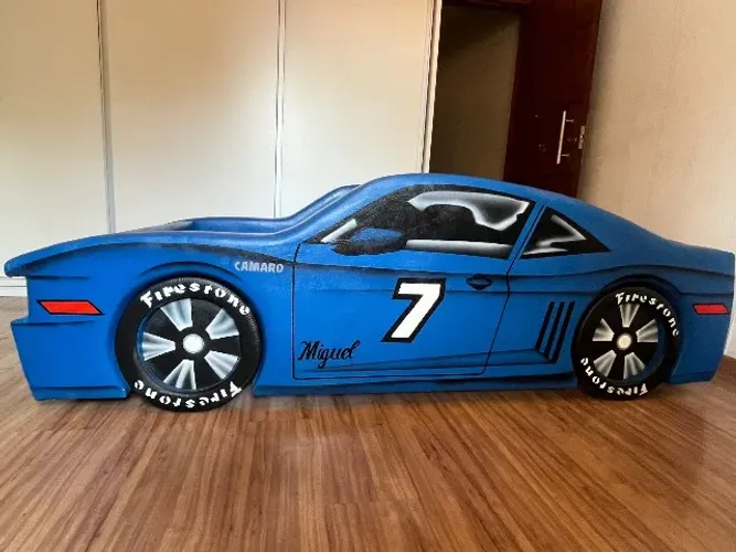 Cama Carro Camaro Solteiro Estofada com Rodas Embutidas - Azul