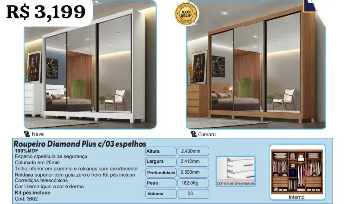 Guarda Roupa MDF com 3 espelhos 