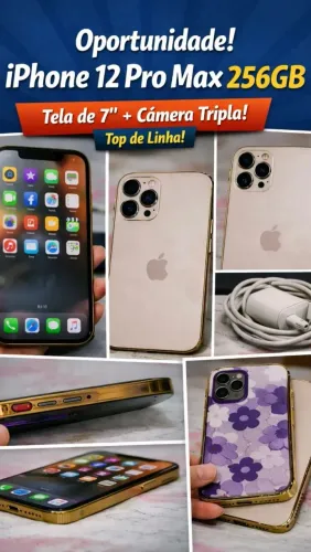 Iphone 12 Pro Max 7' 3 câmeras com capa e carregador.